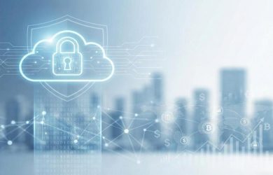 Professional cloud security concept securing cloud data with digital lock