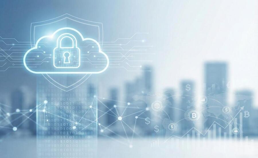 Professional cloud security concept securing cloud data with digital lock