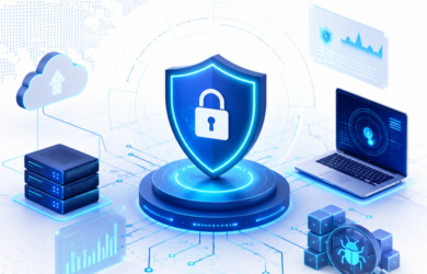 Futuristic SIEM Threat Monitoring dashboard with holographic cyber security elements on a clean white background.