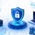 Futuristic SIEM Threat Monitoring dashboard with holographic cyber security elements on a clean white background.