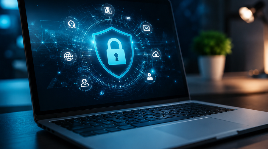 Laptop displaying cybersecurity shield for antivirus business protection