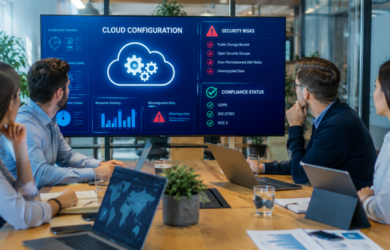 Business team reviewing cloud configuration and security risks on screens