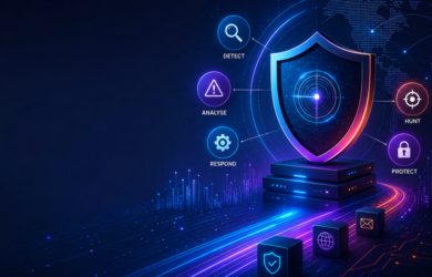 Futuristic cyber security dashboard with holographic MDR threat monitoring elements.