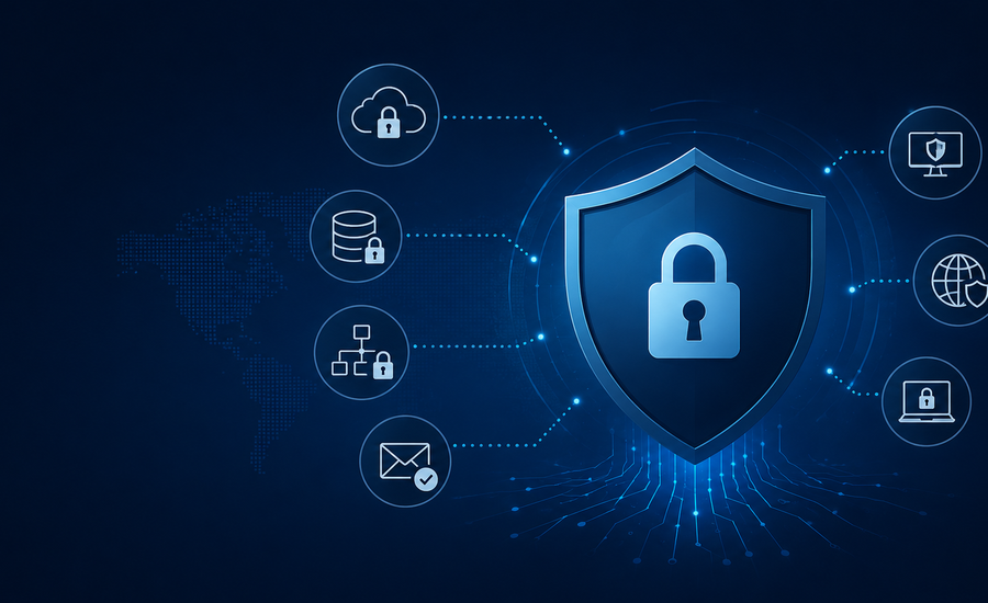 Modern cyber security shield with digital protection network graphics