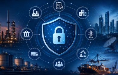 Digital security shield protecting critical infrastructure, finance, healthcare, manufacturing, logistics and energy sectors through advanced Security Risk Management practices.