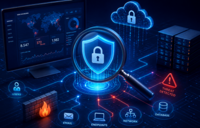SIEM cybersecurity monitoring dashboard protecting business networks