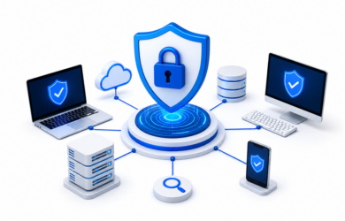 Cyber security concept showing digital threat monitoring on white background
