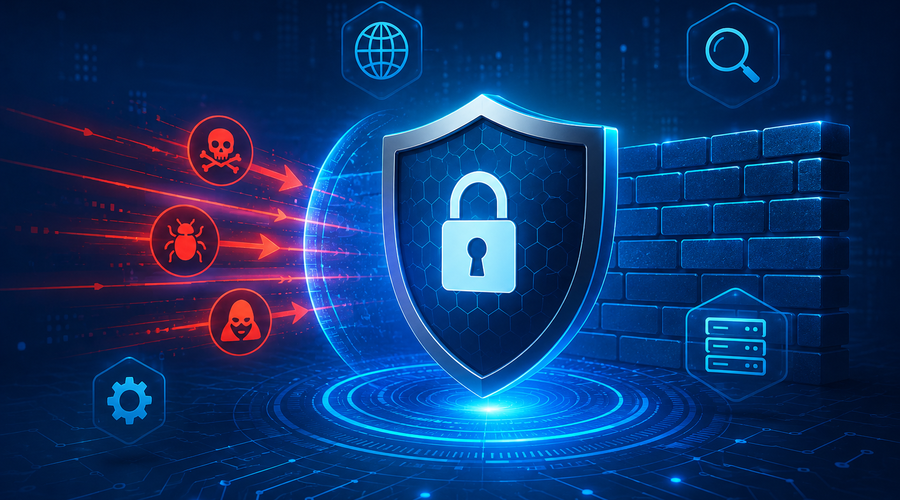 Business website protected with WAF security service against cyber attacks