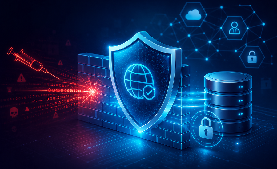 WAF Protection system blocking SQL injection attacks on a business website