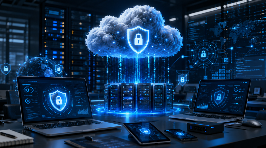 Business cloud security concept showing protected digital networks, secure data storage, endpoint protection, cyber threat monitoring, and malware defence across cloud-based environments.