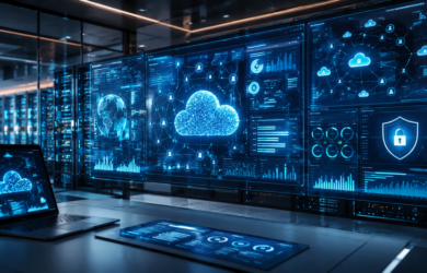 Cloud professionals reviewing cloud configuration settings, security controls, compliance status and infrastructure performance across a modern business cloud environment.