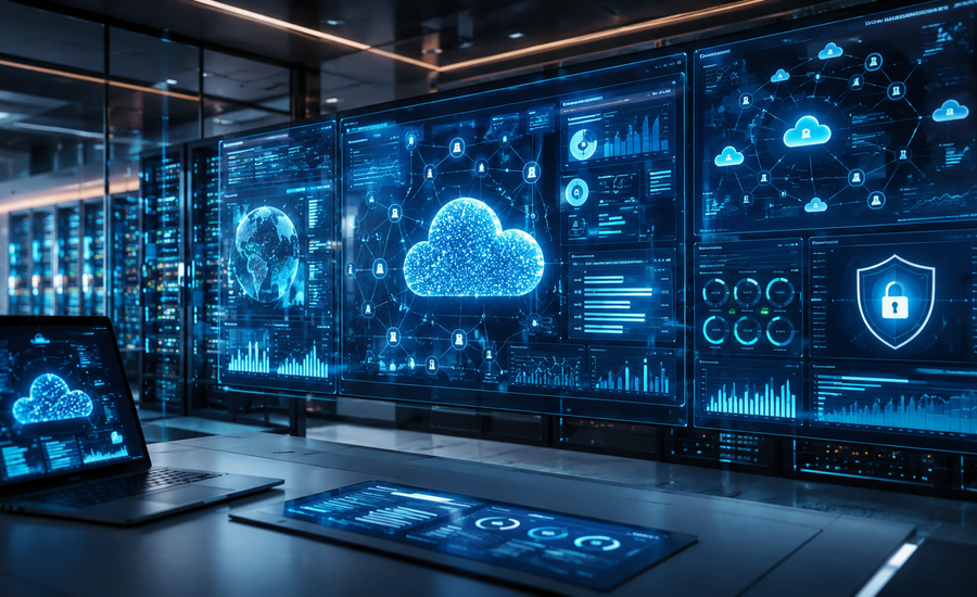 Cloud professionals reviewing cloud configuration settings, security controls, compliance status and infrastructure performance across a modern business cloud environment.