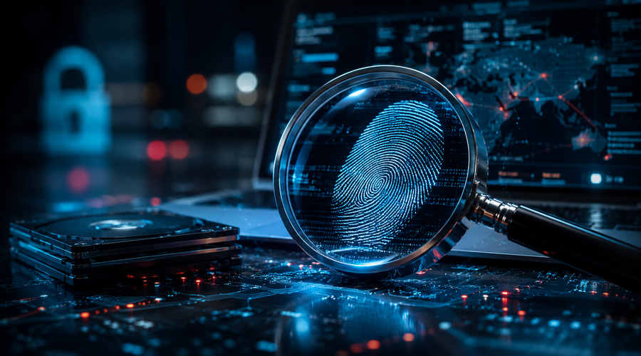 Digital Forensics investigation workspace showing cyber evidence analysis, data breach monitoring, secure networks, and digital security assessment in a modern business environment.