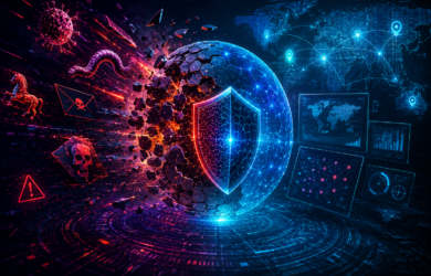 Futuristic cybersecurity network showing advanced threat intelligence and monitoring against emerging cyber threats in a digital environment.
