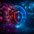 Futuristic cybersecurity network showing advanced threat intelligence and monitoring against emerging cyber threats in a digital environment.