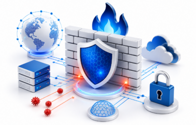 Business network protected by Firewall Security systems monitoring data traffic, preventing unauthorised access, and reducing cyber security risks across company networks.