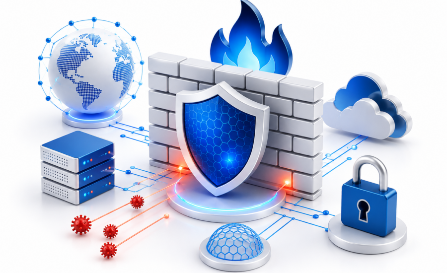Business network protected by Firewall Security systems monitoring data traffic, preventing unauthorised access, and reducing cyber security risks across company networks.