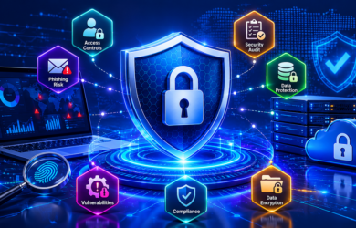 Modern digital security illustration showing network protection, data governance controls, cyber threat monitoring and audit driven risk management.